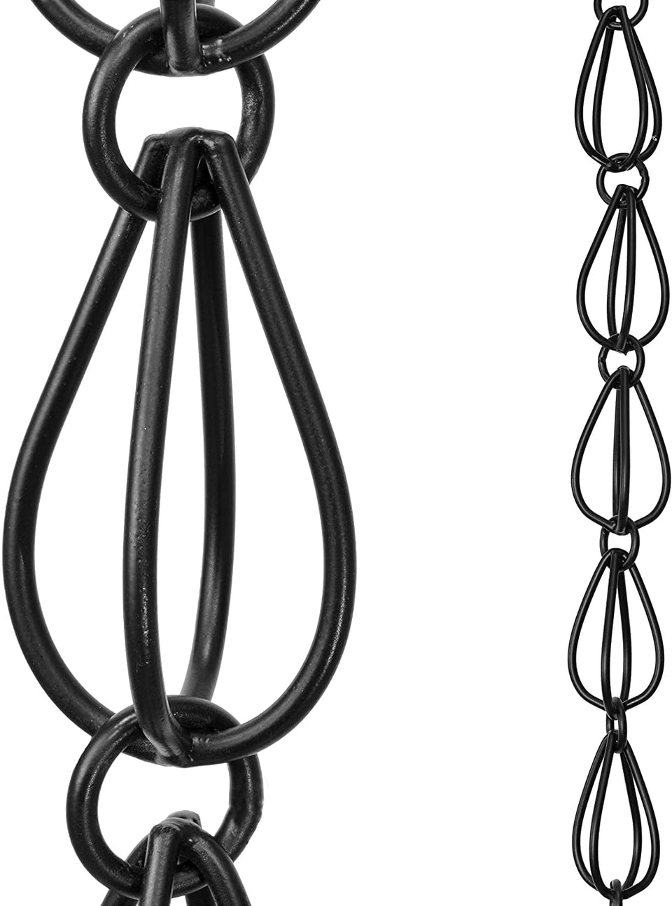 Monarch Rain Chains teardrop 8.5 ft, matte-black finish enhances curb appeal with a soothing water cascade.