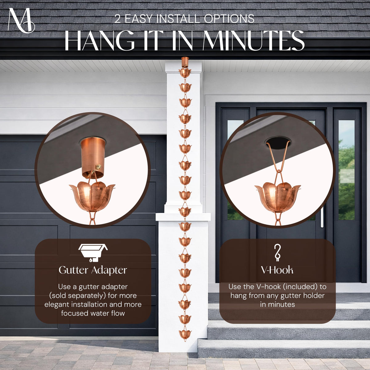 Monarch rain chain installation friendly with tool-free hanger included.