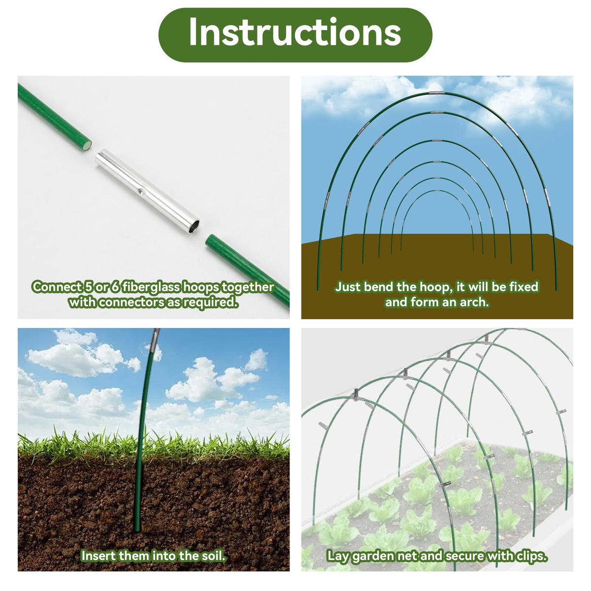 Monirsen garden netting clips securing the cover to hoops