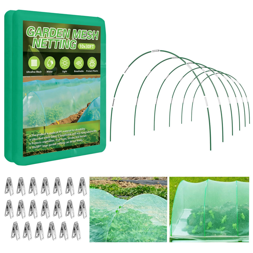 Monirsen Garden Netting Kit: 10x30ft green mesh protecting crops while allowing air circulation