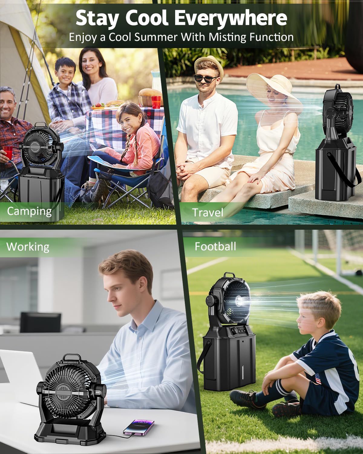 MONISEN misting fan 20000mAh battery enables cordless outdoor cooling.
