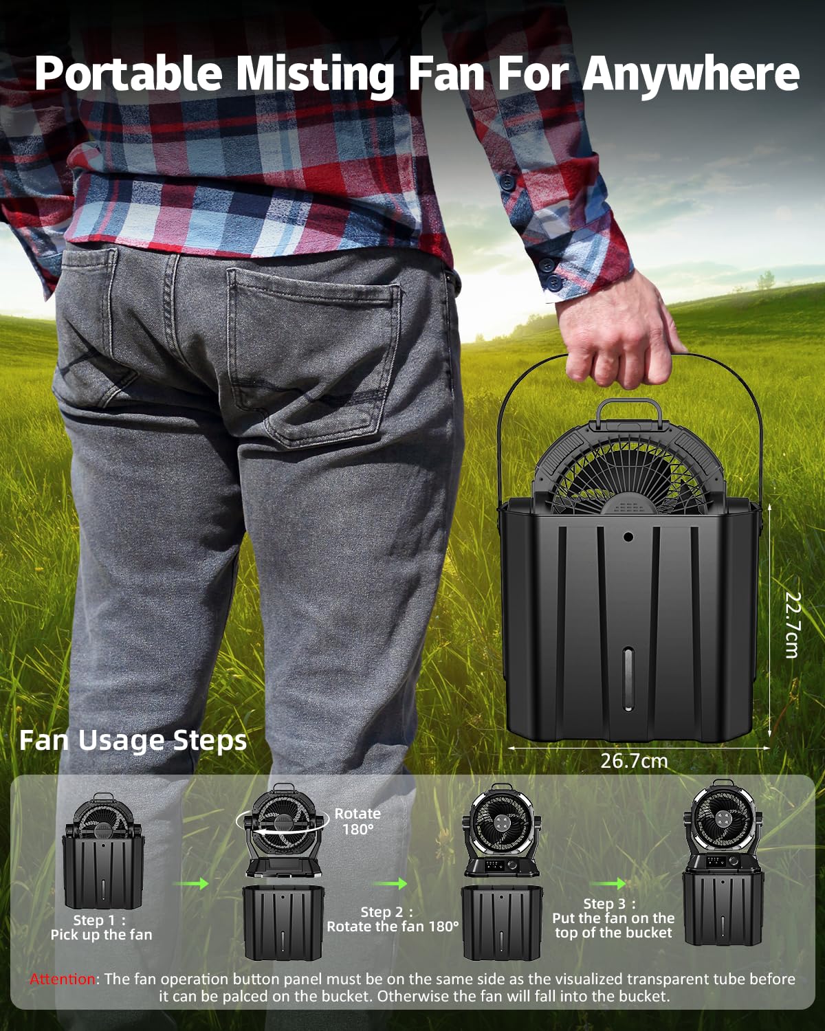 MONISEN misting fan hangable design for tents, trees, or poles.