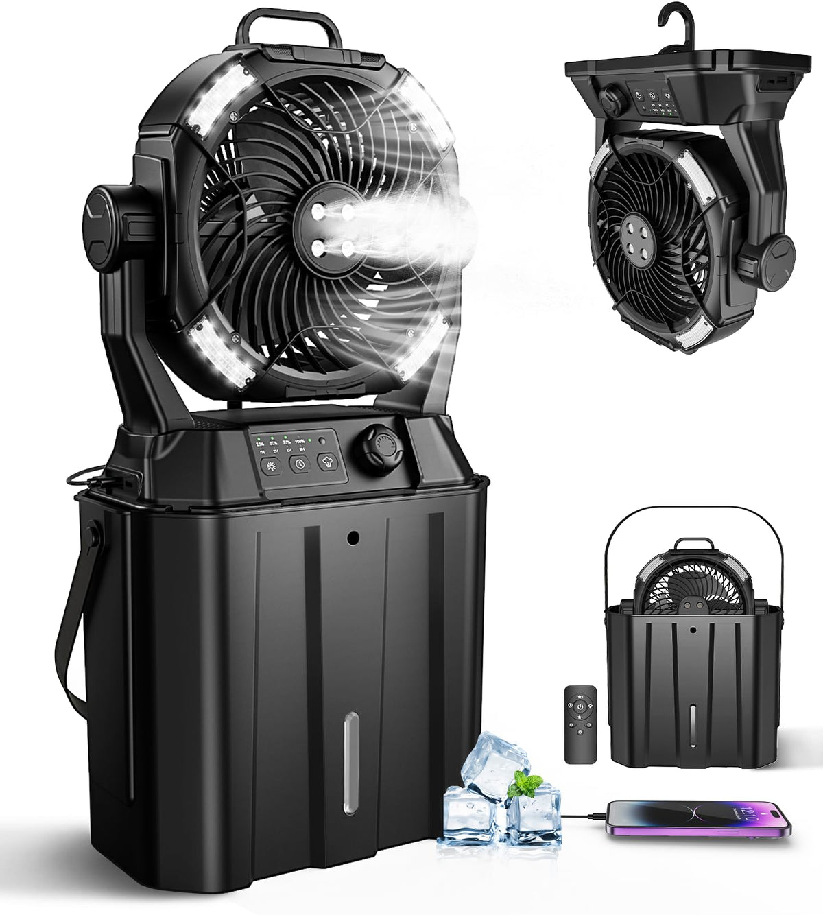 MONISEN misting fan outdoors on patio delivering refreshing mist for cooling.