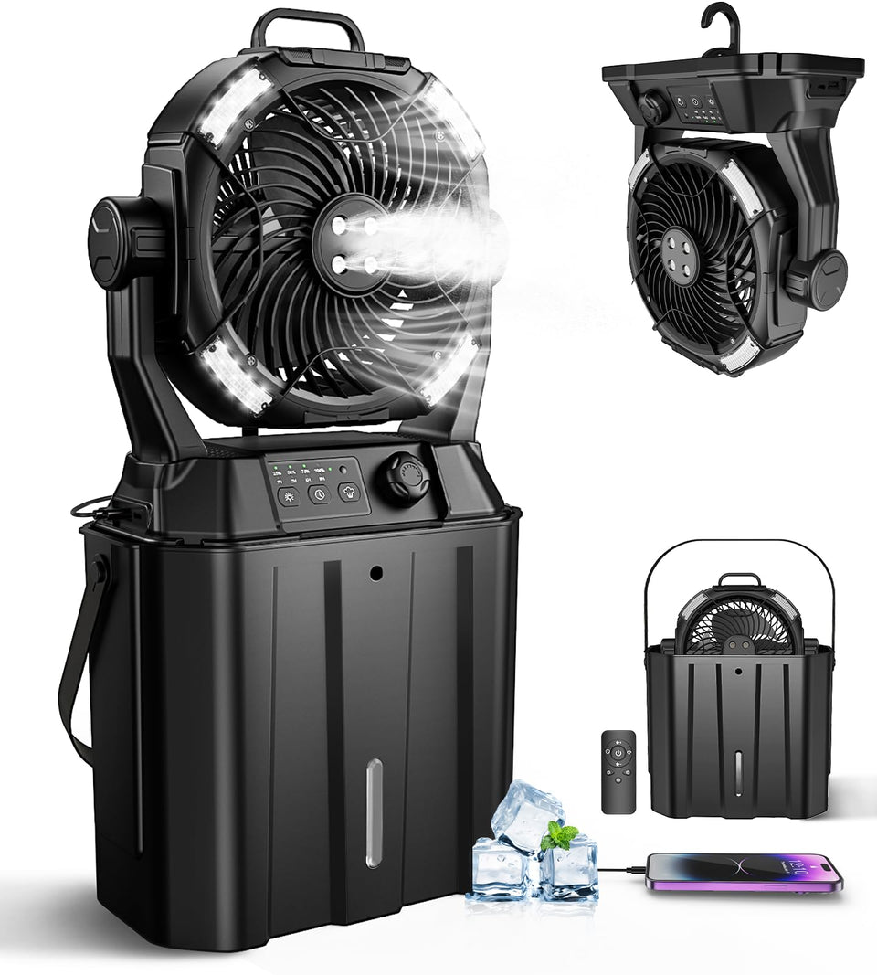 MONISEN misting fan outdoors on patio delivering refreshing mist for cooling.