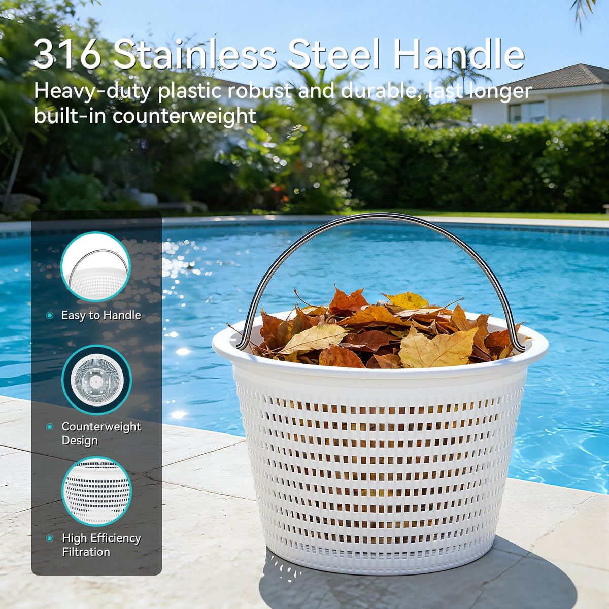 Monitok 316 stainless steel handle close up durable lift even when full