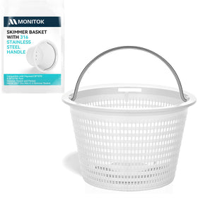 Monitok pool skimmer basket shows universal compatibility with Hayward and Pentair skimmers.