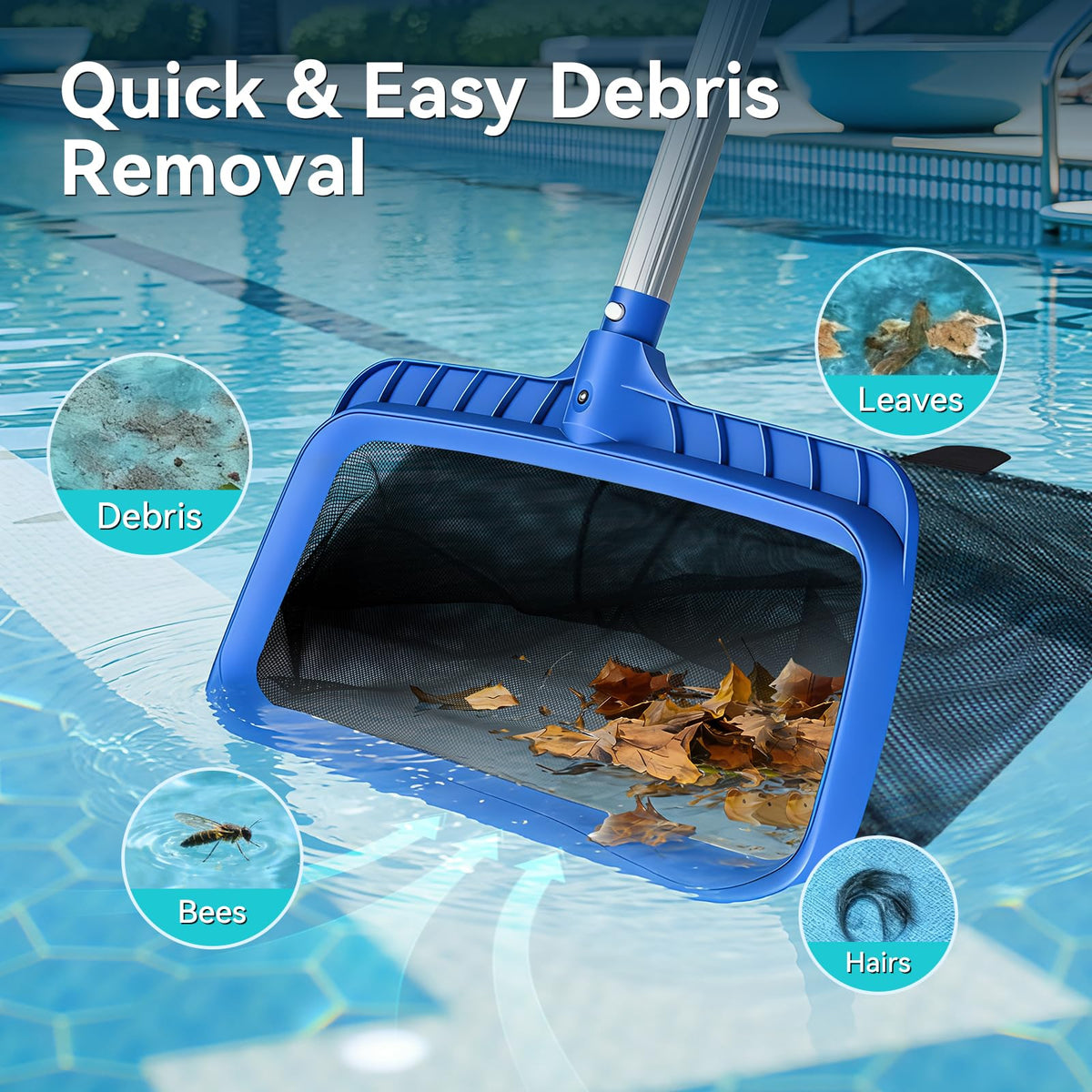 Angled front lip on Monitok skimmer net protects liner during skimming
