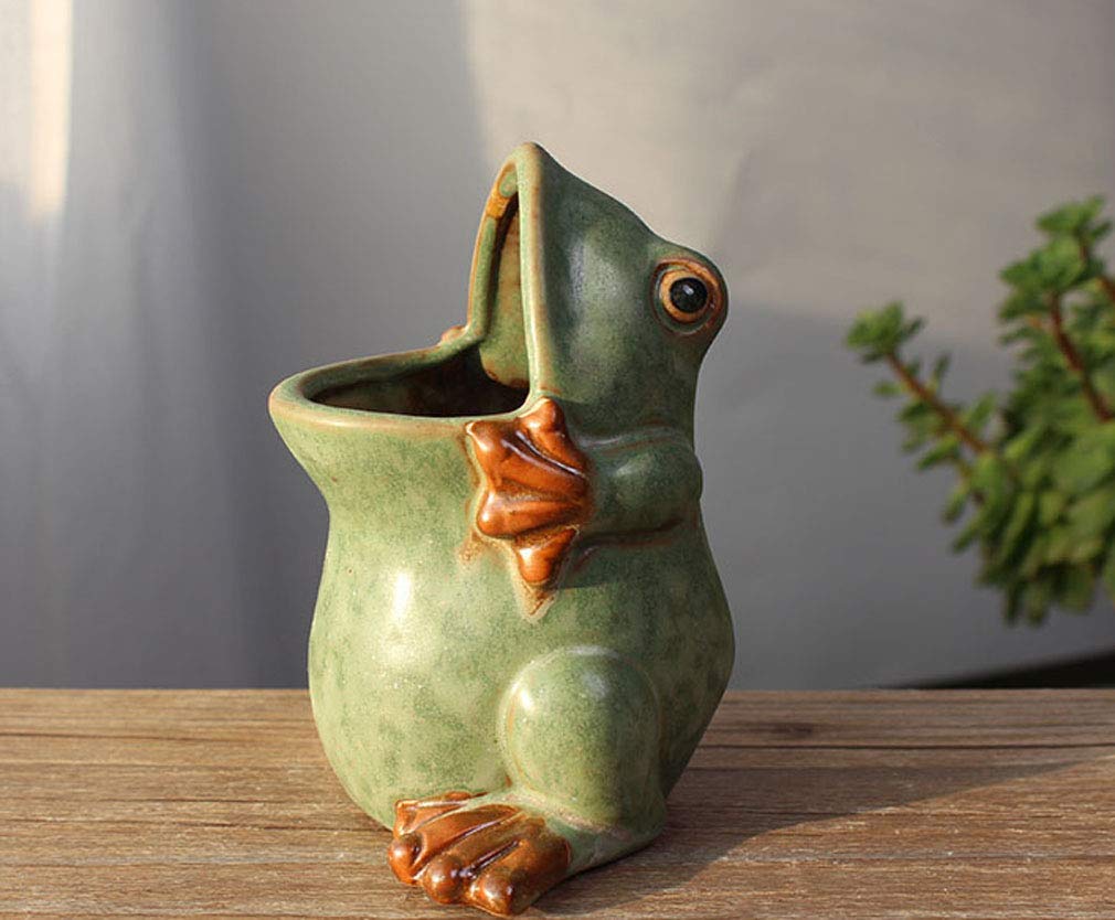 MONMOB ceramic frog planter close-up, shows drainage hole for healthy watering