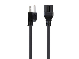 Monoprice plug-end closeup shows grounded NEMA 5-15P for safety and compatibility.