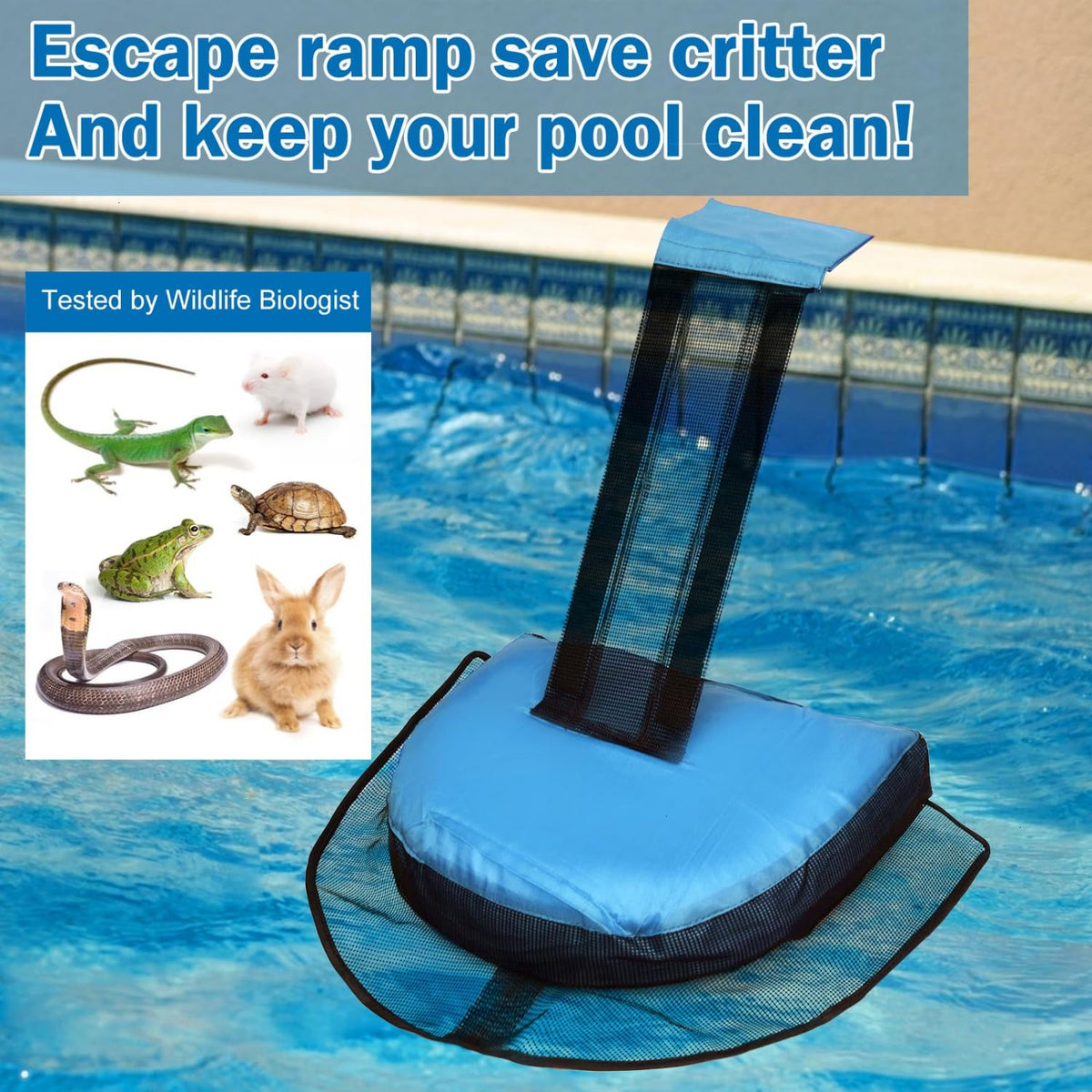 Monrocco Frog Saver Ramp in-use demonstrates constant accessibility for pool wildlife.