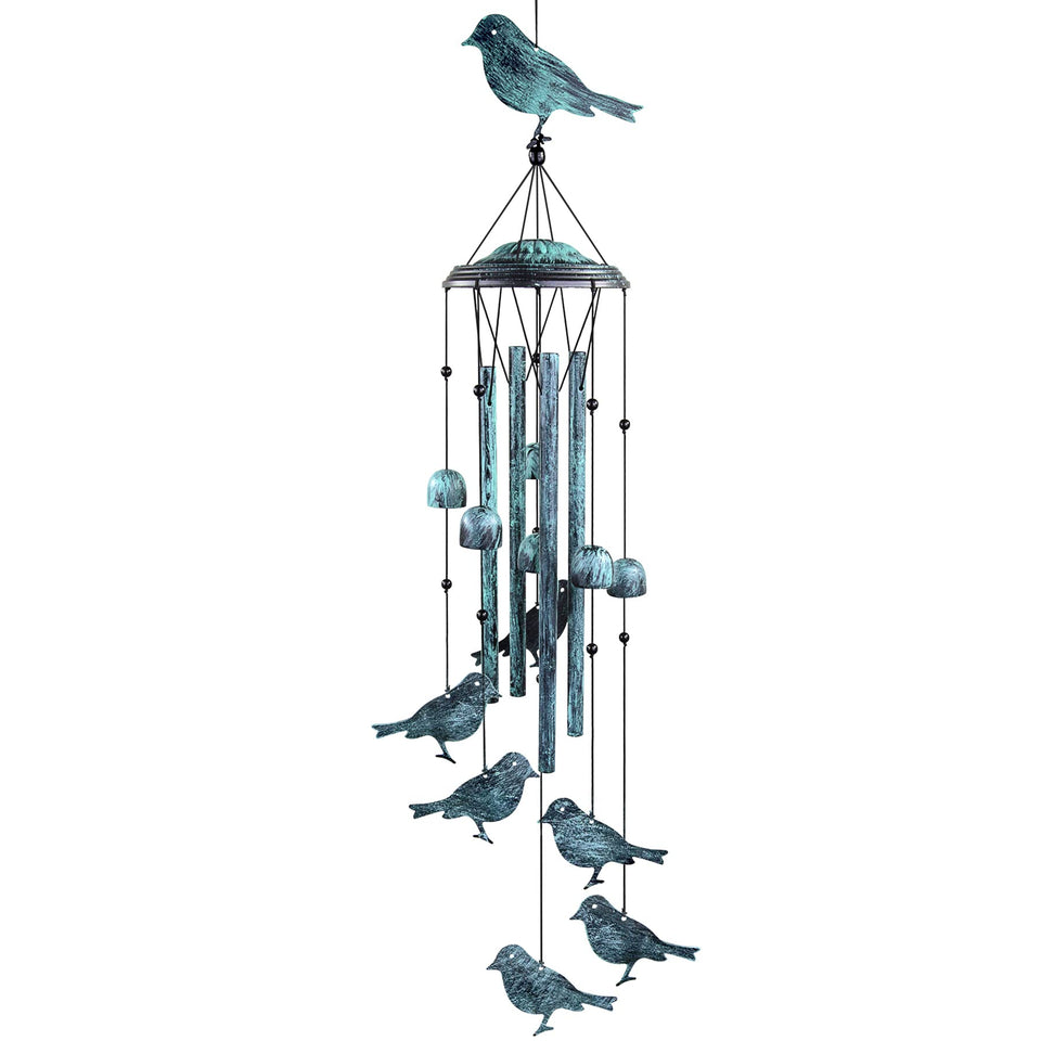 Monsiter QE bird wind chimes outdoors with four tubes create a crisp garden melody.