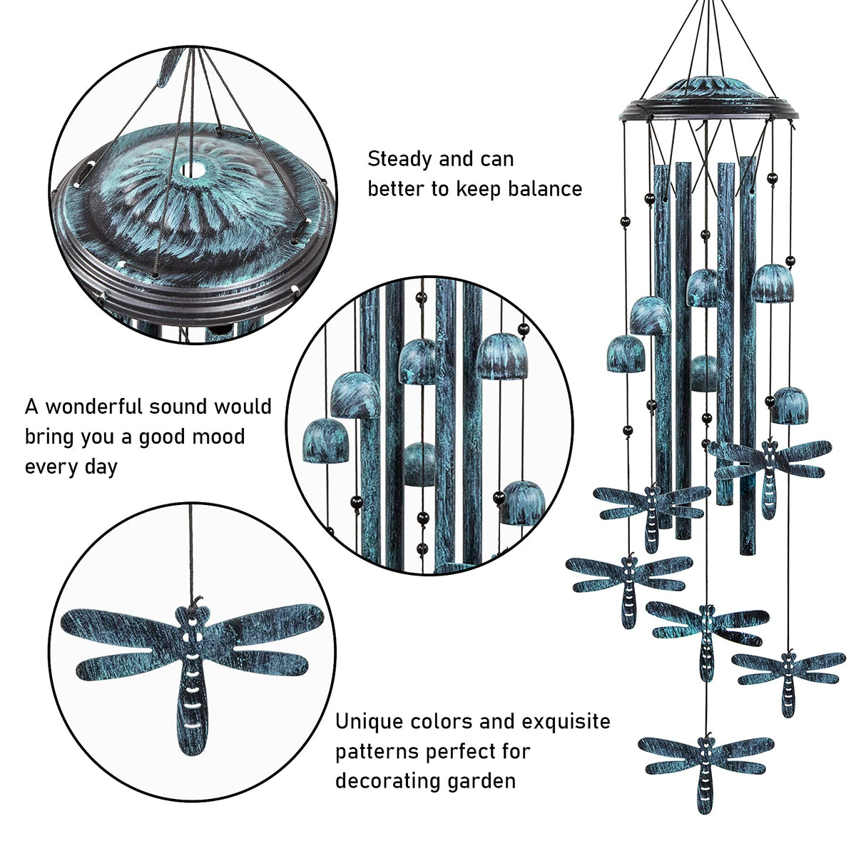 Monsiter QE bronze-green finish wind chime resists weather and maintains vivid color outdoors.