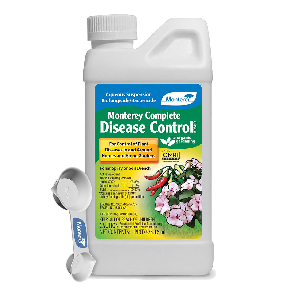 Monterey Complete Disease Control bottle closeup for eliminating powdery mildews and leaf spots.