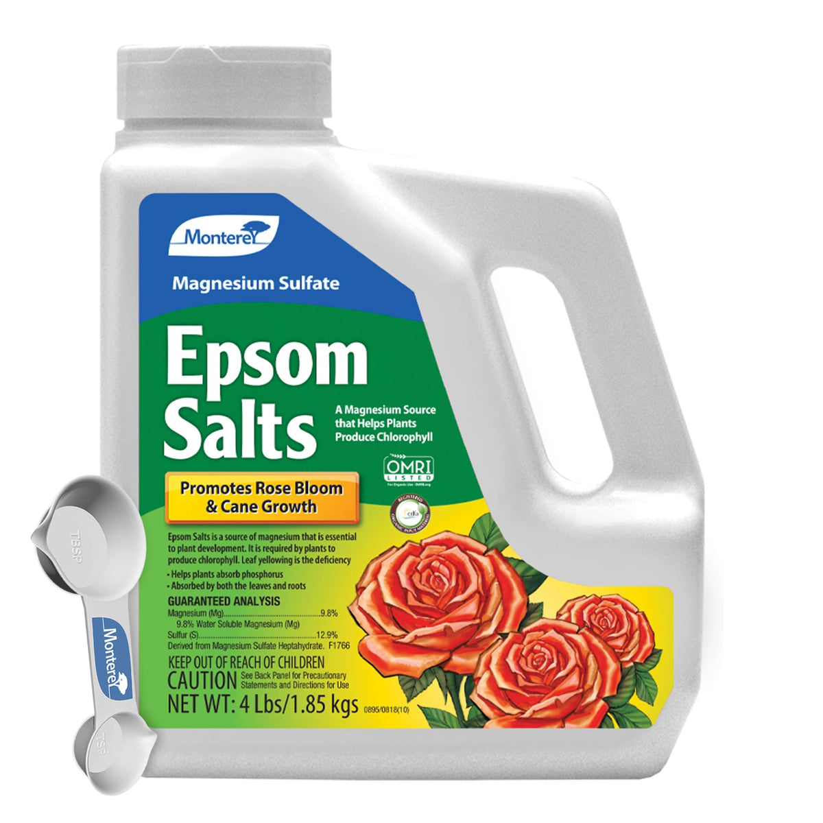 Monterey Epsom Salts bundle with measuring spoon for precise garden dosing.