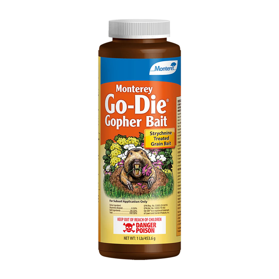 Monterey Go-DIE Gopher Bait bottle shown for underground pocket gopher control.