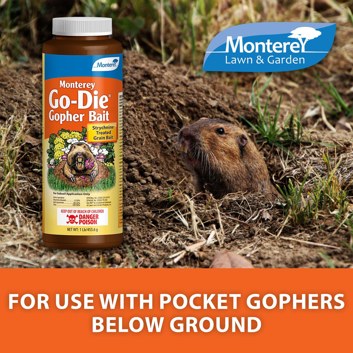 Go-DIE Gopher Bait at burrow entry for targeted underground application.