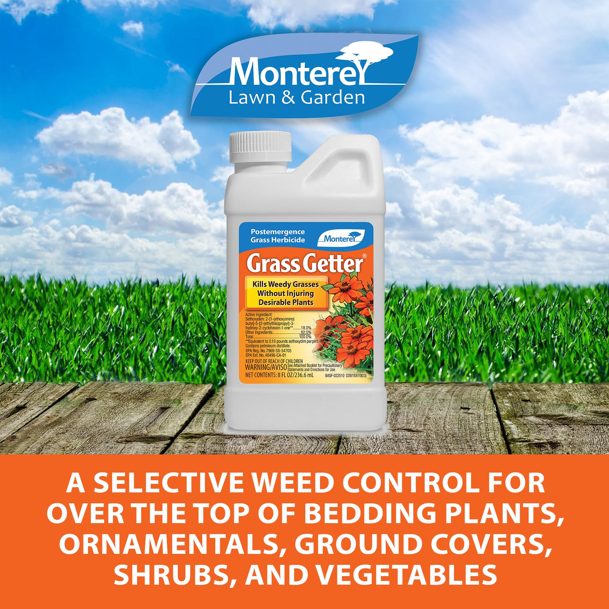 Monterey Grass Getter measuring spoon included for precise dosing in garden beds.