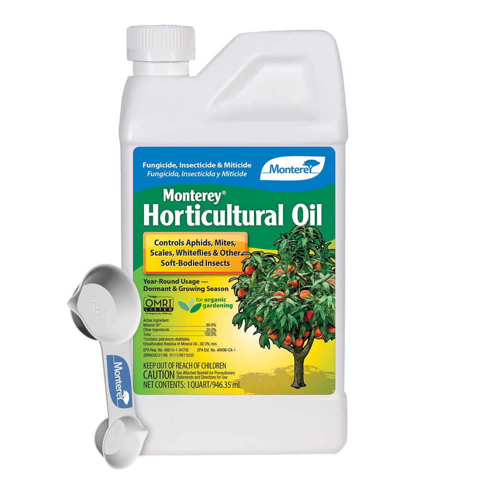 Monterey Horticultural Oil bottle front for organic pest control on gardens.