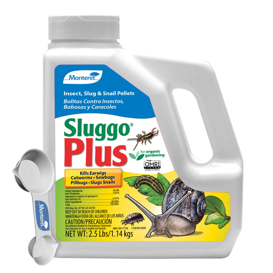 Monterey Sluggo Plus bundle with measuring spoon for precise application in organic gardens.