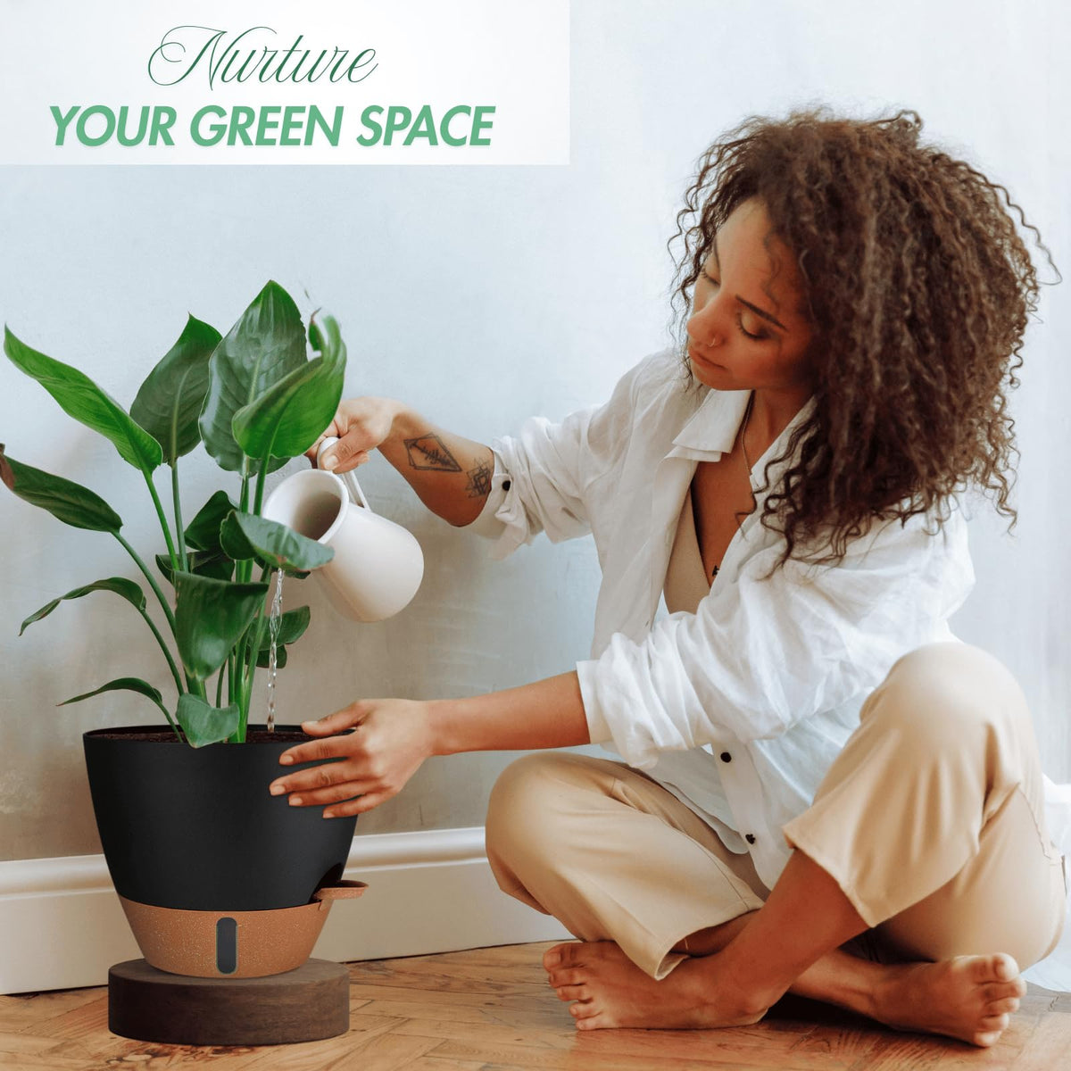 Montresor 12-inch large planter with detachable reservoir supports lush indoor greenery.