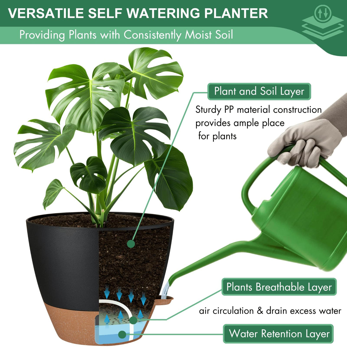 Montresor detachable reservoir feature enables vacation-proof watering without daily attention.