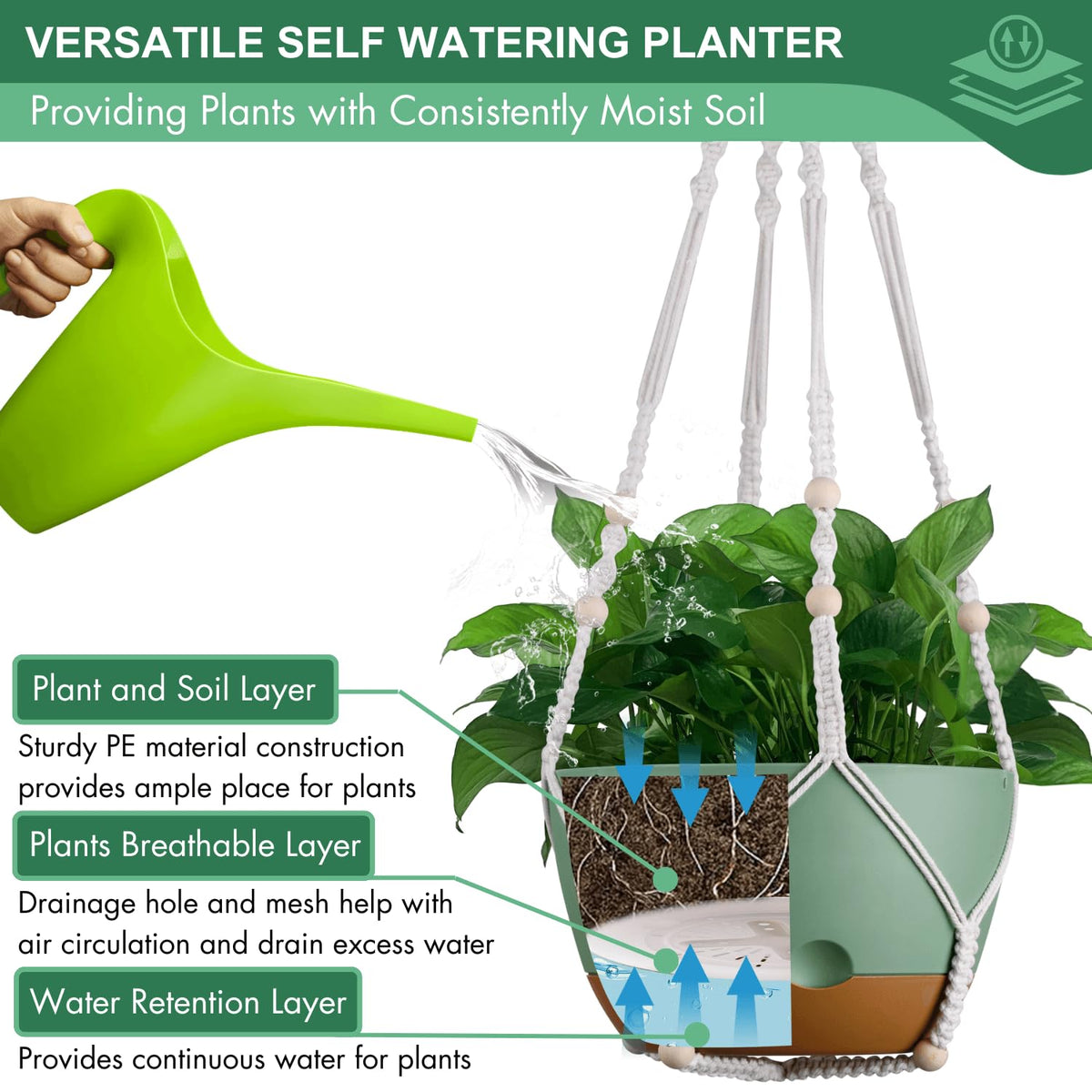 Montresor outdoor-ready hanging planter with reservoir reduces daily watering