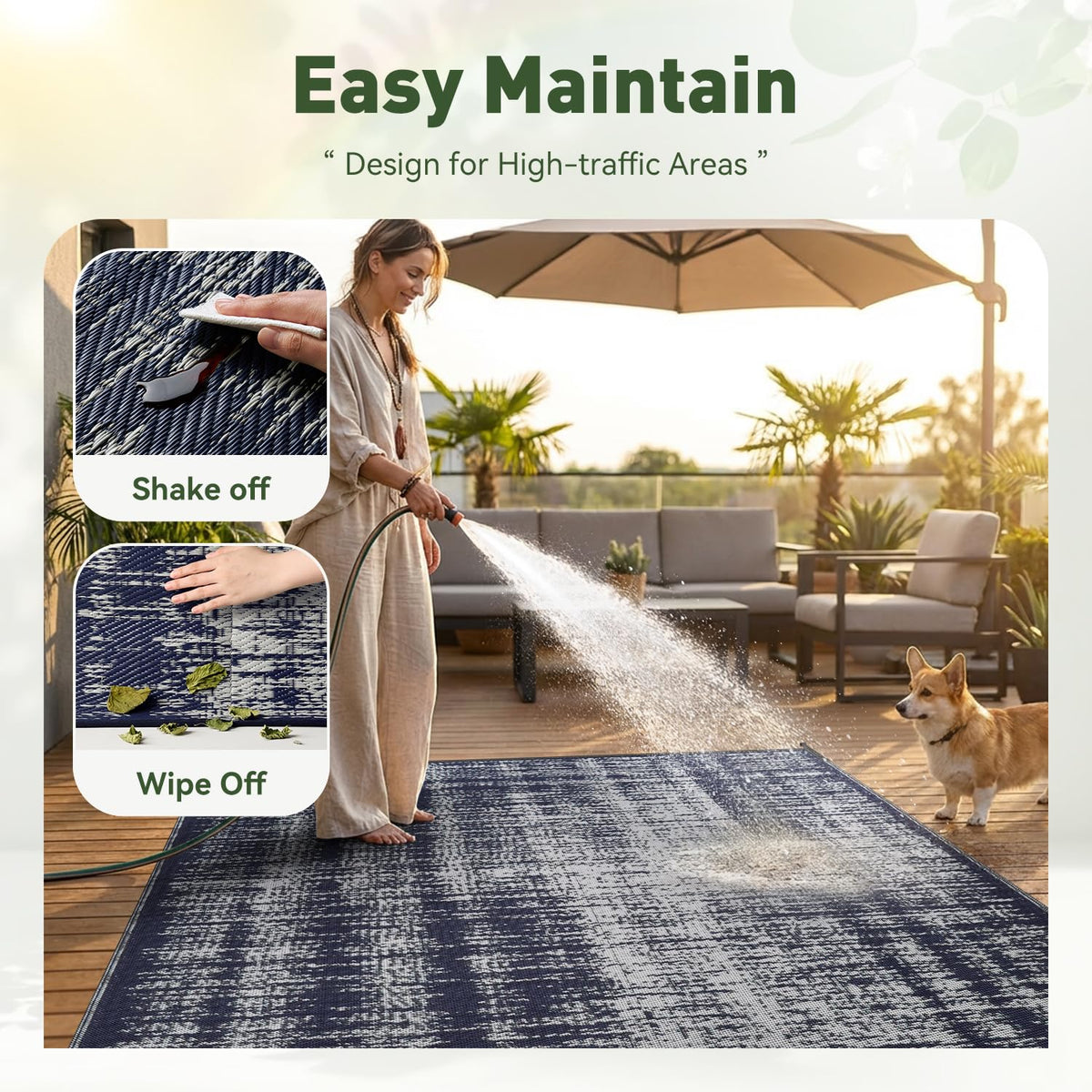 MontVoo eco-friendly recycled plastic straw rug supports sustainable outdoor living.