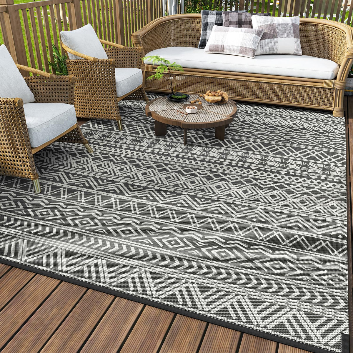 MontVoo outdoor rug 5x8 waterproof shown on a patio with moisture resistance benefit