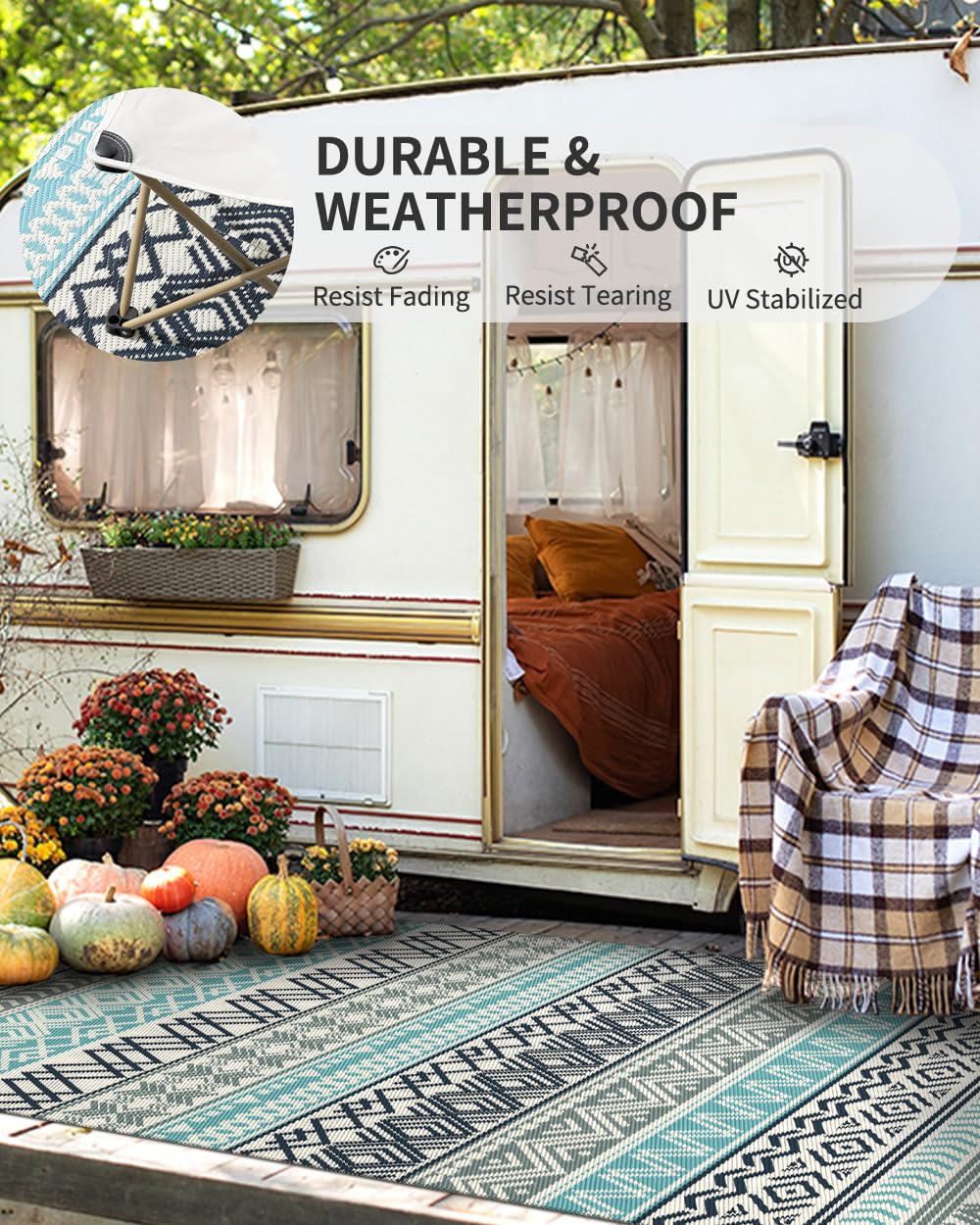 MontVoo outdoor rug easy‑clean surface wipes clean after spills