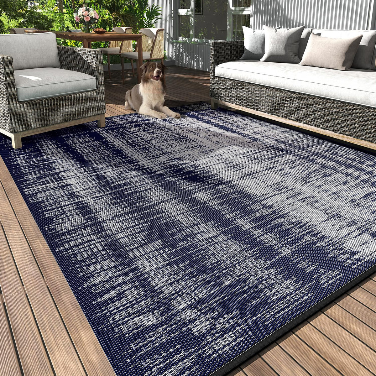 MontVoo outdoor rug 5x8 waterproof close-up shows weave and quick-dry surface for patios.