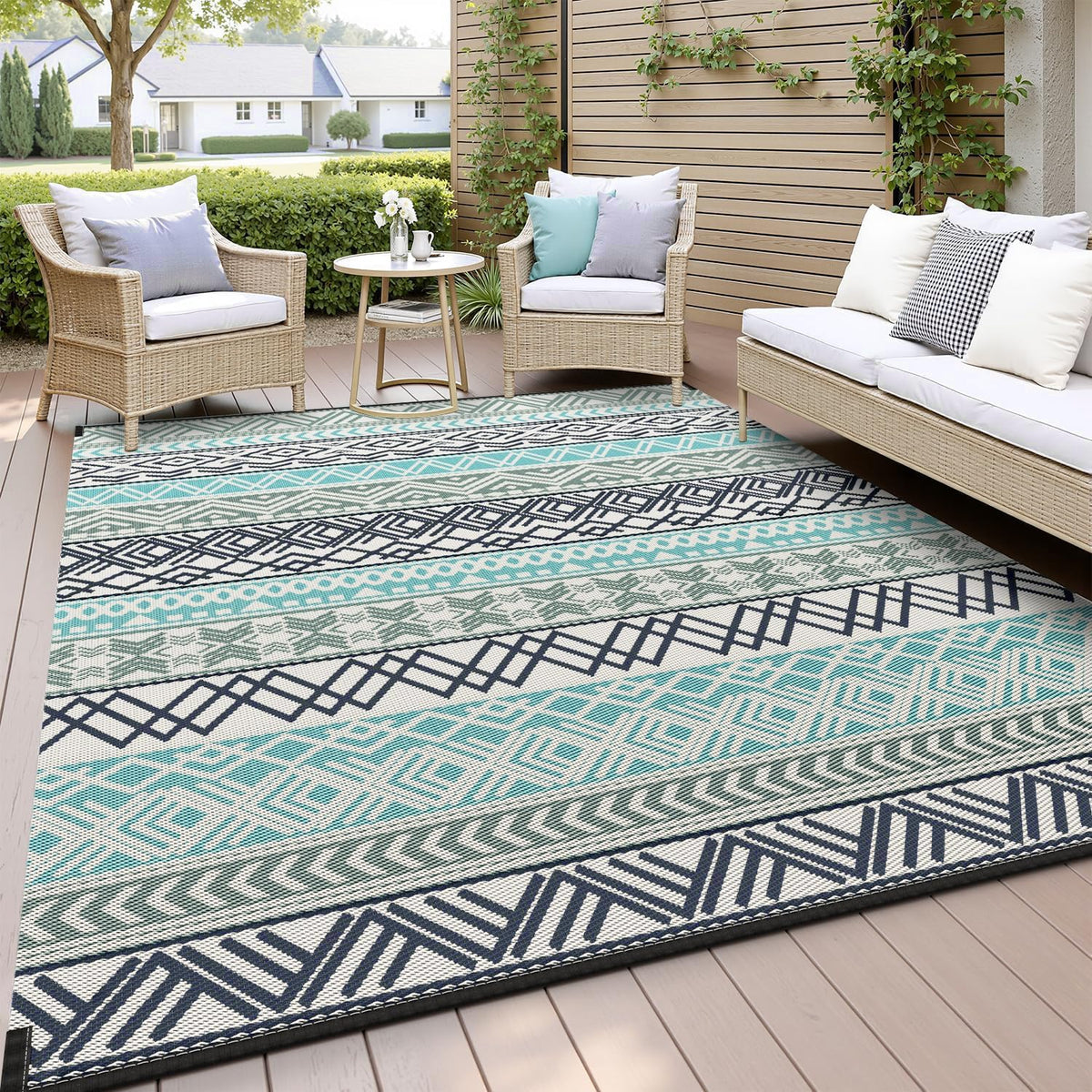 MontVoo outdoor rug 5x8 in a patio scene, quick-drying and easy to clean.