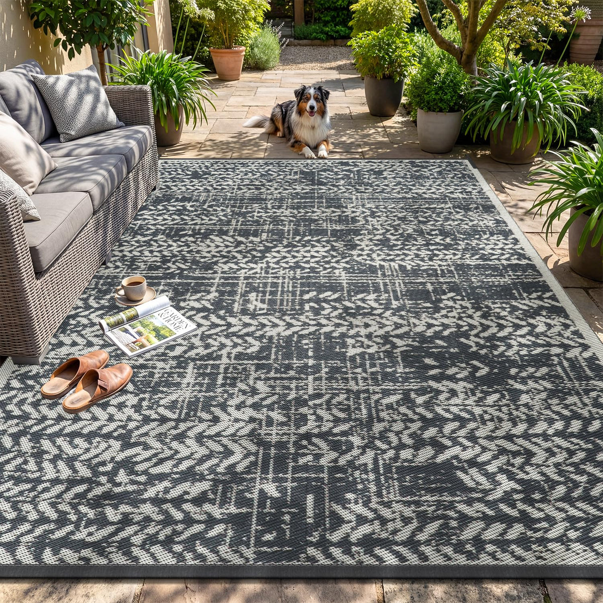 MontVoo outdoor rug waterproof 6x9 on patio, quick-dry and easy to clean.