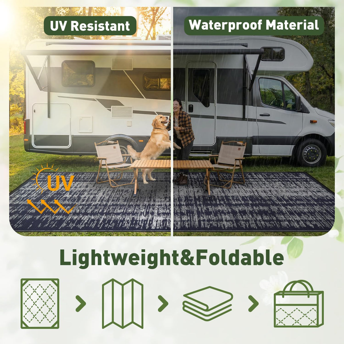 MontVoo rug placed under outdoor furniture to protect decking and simplify cleanup.
