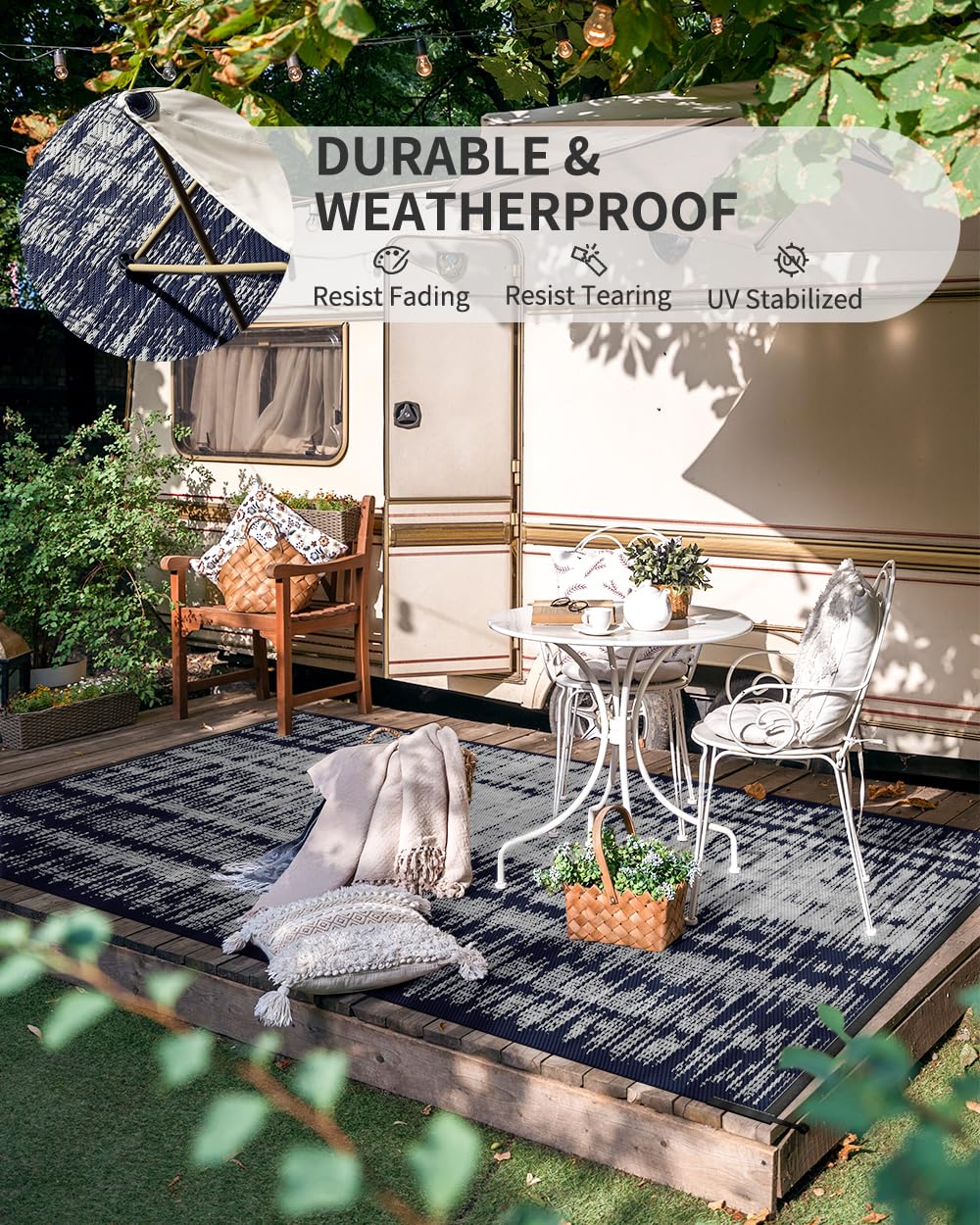 MontVoo outdoor rug dries quickly after rain thanks to breathable weave.