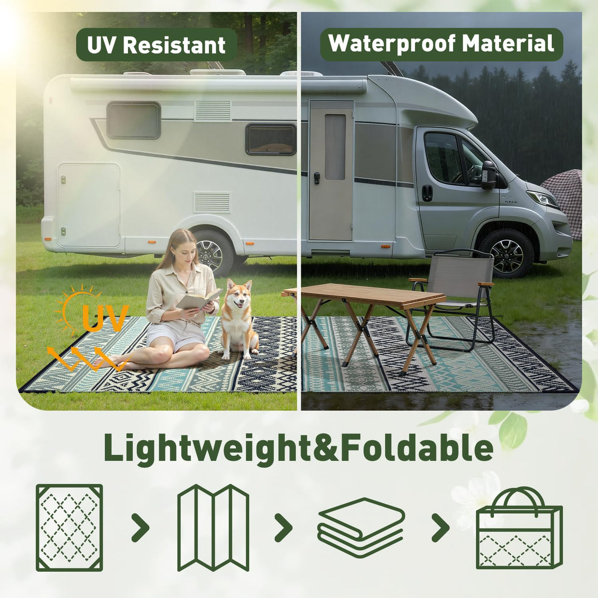 MontVoo RV outdoor rug portable and lightweight for travel.