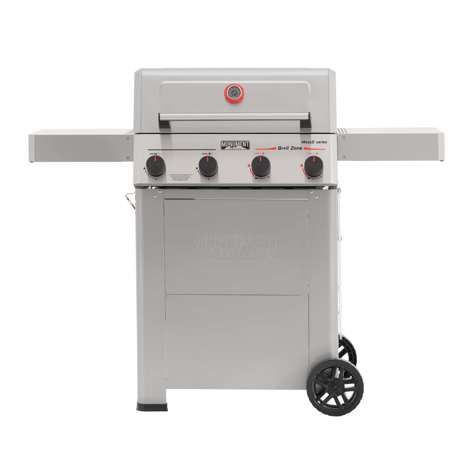 Monument Grills 4-burner propane grill shows Broil Zone and fast searing capability