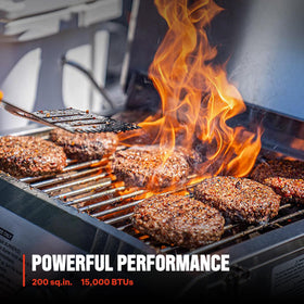 Monument Grills high lid enables oven-like cooking for thick cuts.