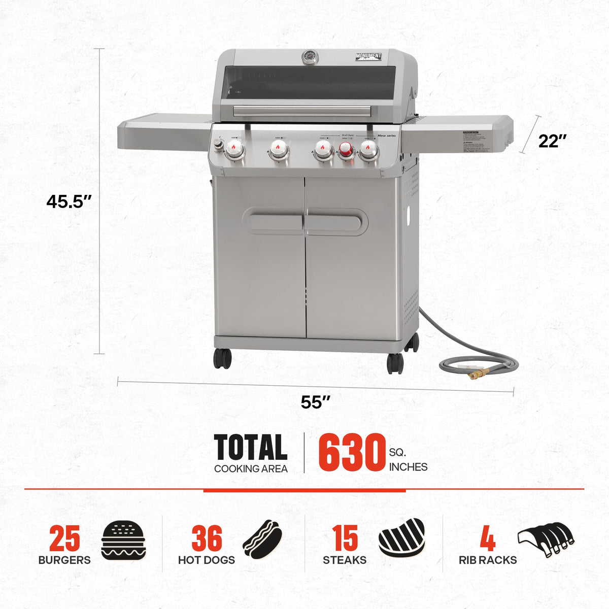 Monument Grills M415BZNG delivers 50,000 BTU for fast preheat and searing.