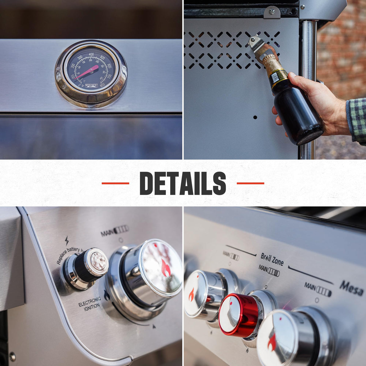 Monument Grills M415BZNG knob lights illuminate controls for night grilling.
