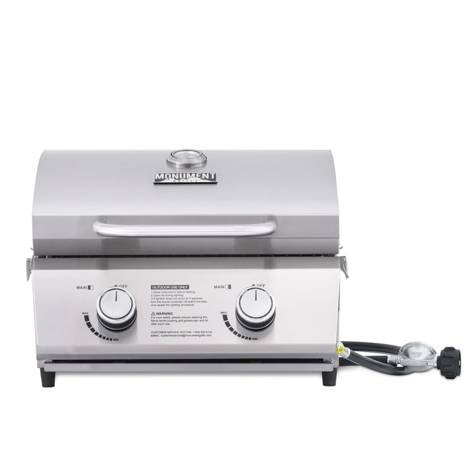 Monument Grills tabletop propane grill assembly demonstrates compact setup for on-the-go cooking.