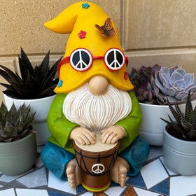 Mood Lab drumming gnome resin statue durable for year-round display.