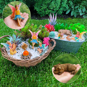 Mood Lab fairy garden camping set figurine 4 pairs with patio planters for seasonal decor.