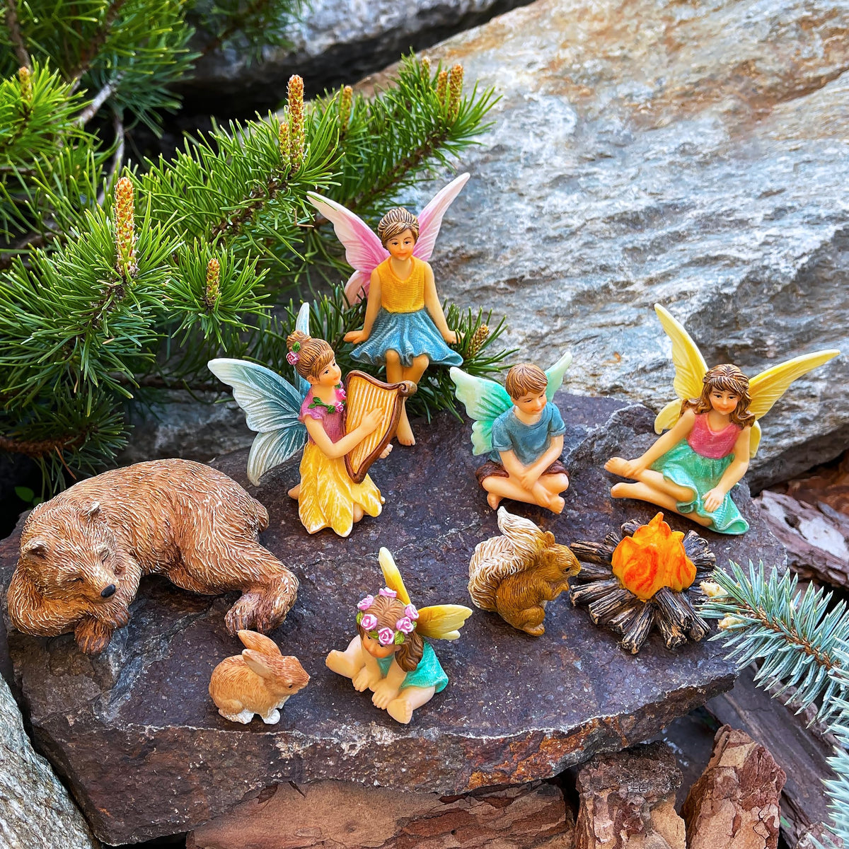 Mood Lab fairy garden camping set figurine 6 with waterproof coating for outdoor use.