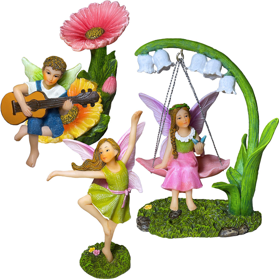 Mood Lab Fairy Garden dancing swing set figures brighten outdoor displays.