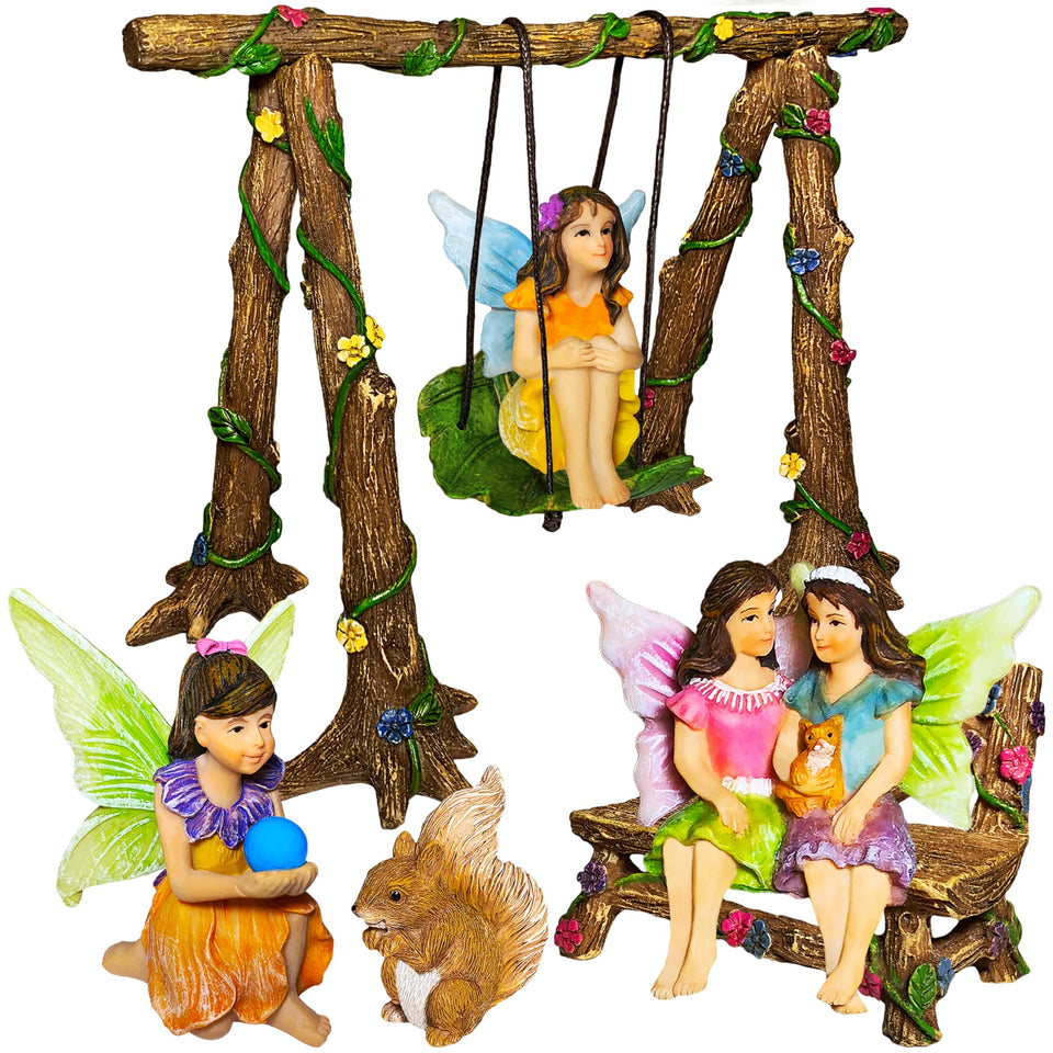 Mood Lab fairy garden figurines with swing outdoor display adds whimsy.