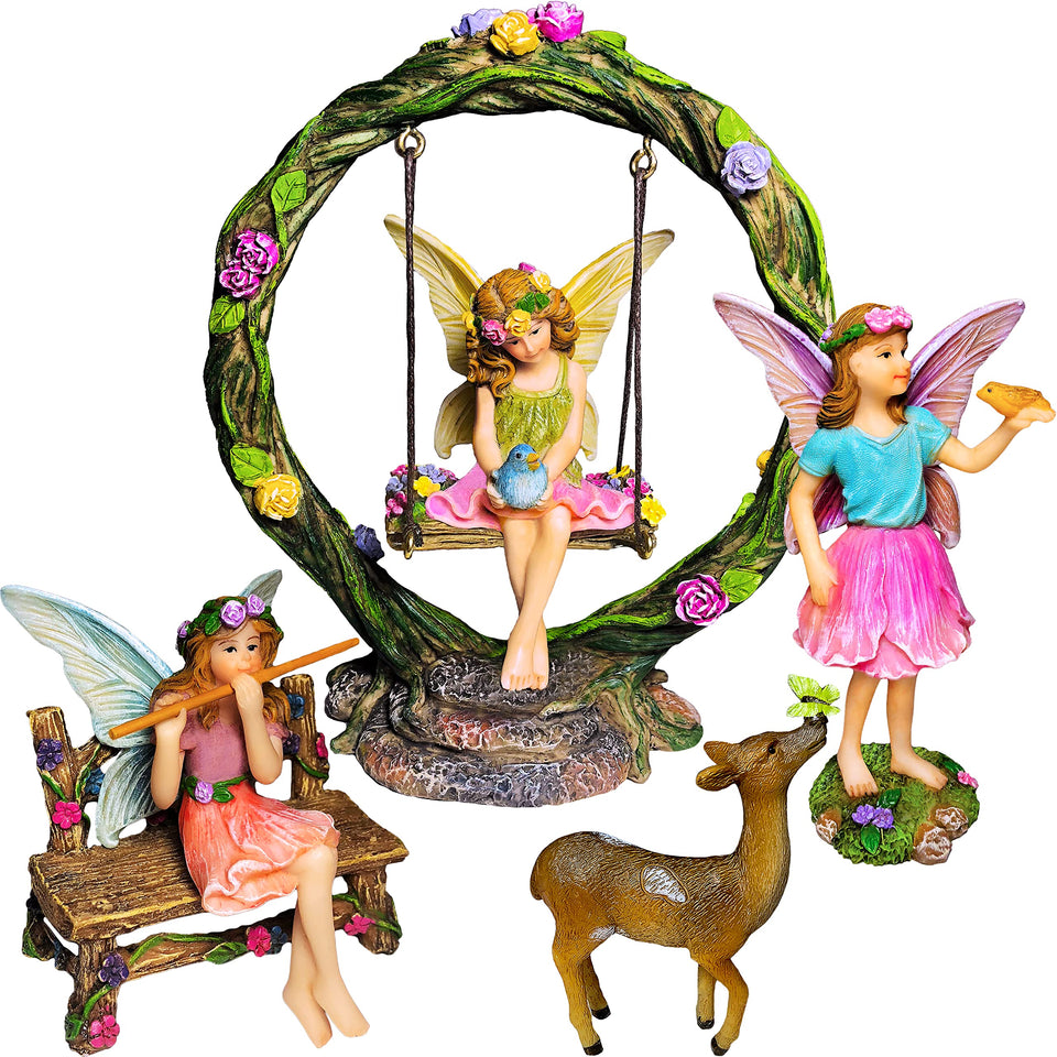 Mood Lab Fairy Garden Swing figurine adds whimsical charm to outdoor or indoor displays.