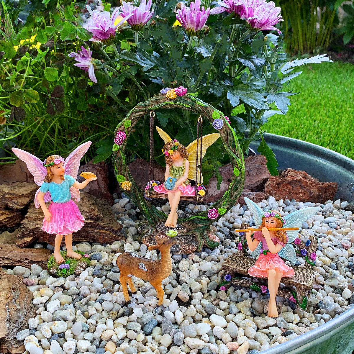 Mood Lab Fairy Garden Swing figurine features sun-protective coating for outdoor resilience.