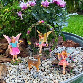 Mood Lab Fairy Garden Swing figurine features sun-protective coating for outdoor resilience.