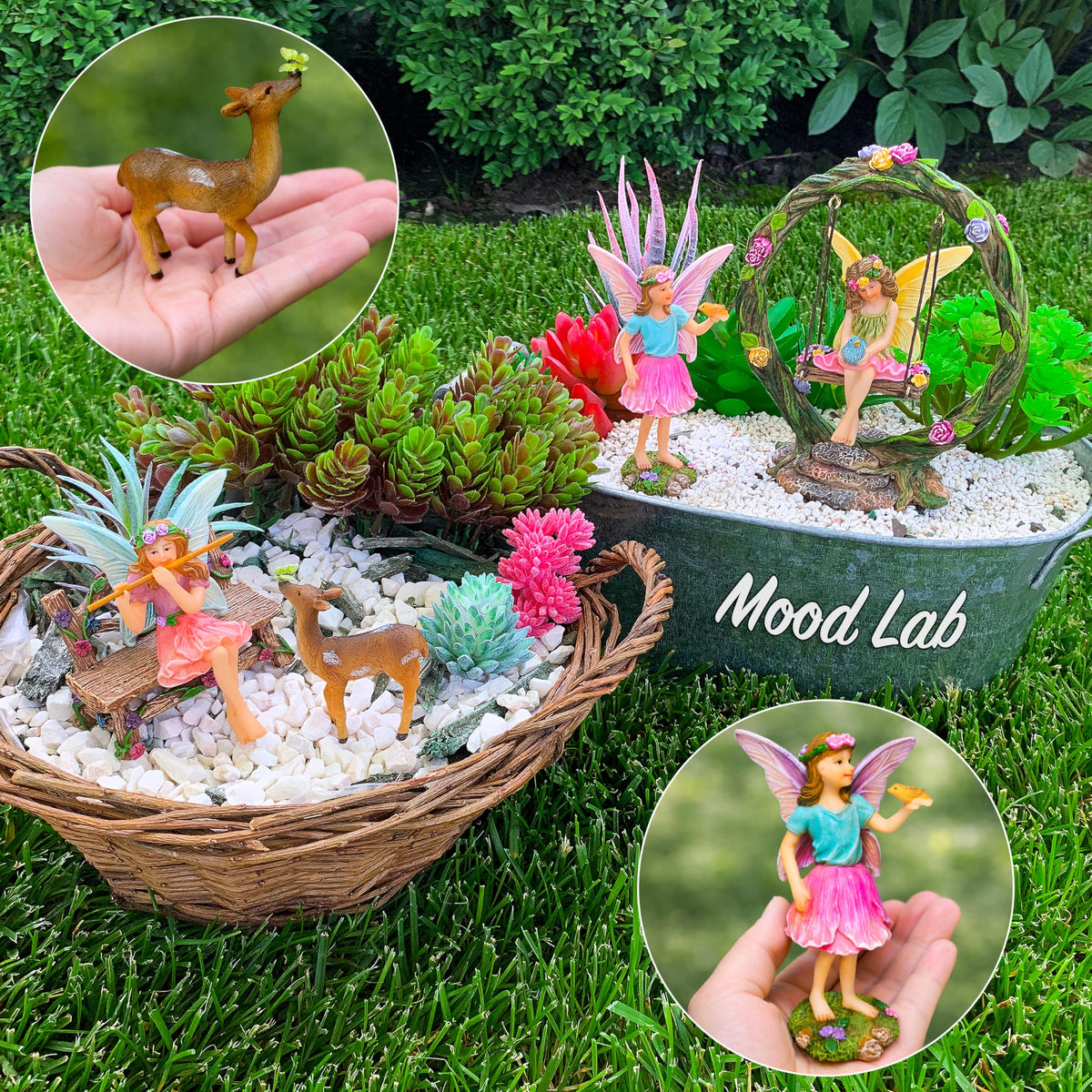 Mood Lab Fairy Garden Swing figurine set supports themed garden arrangements.