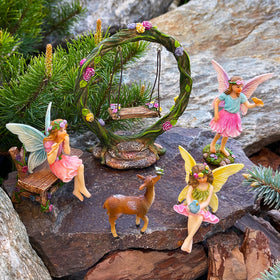 Mood Lab Fairy Garden Swing figurine is suitable for indoor shelves and outdoor patios.